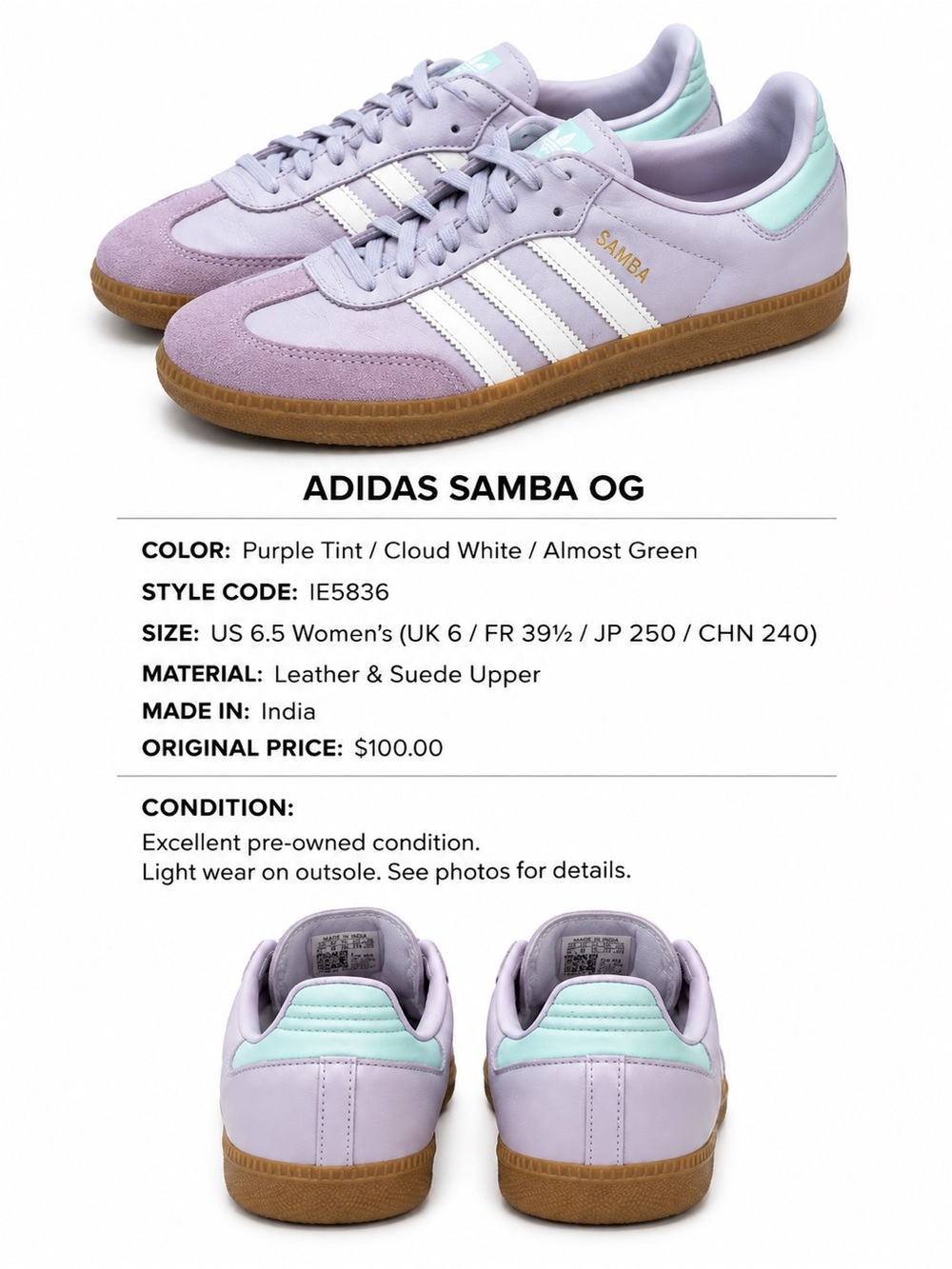 LIKE NEW: Adidas Lavender/Turquoise Samba OG Women's Sneakers - Picture 1 of 6